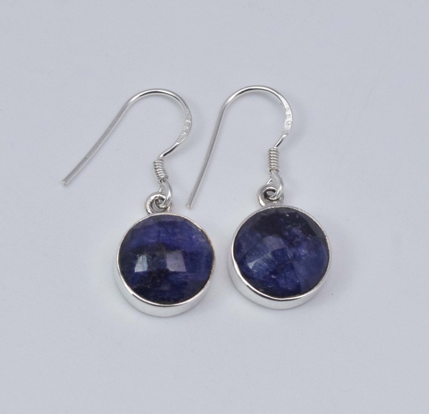 925 Solid Sterling Silver Cut Simulated Blue Sapphire Hook Earring-1 Inch