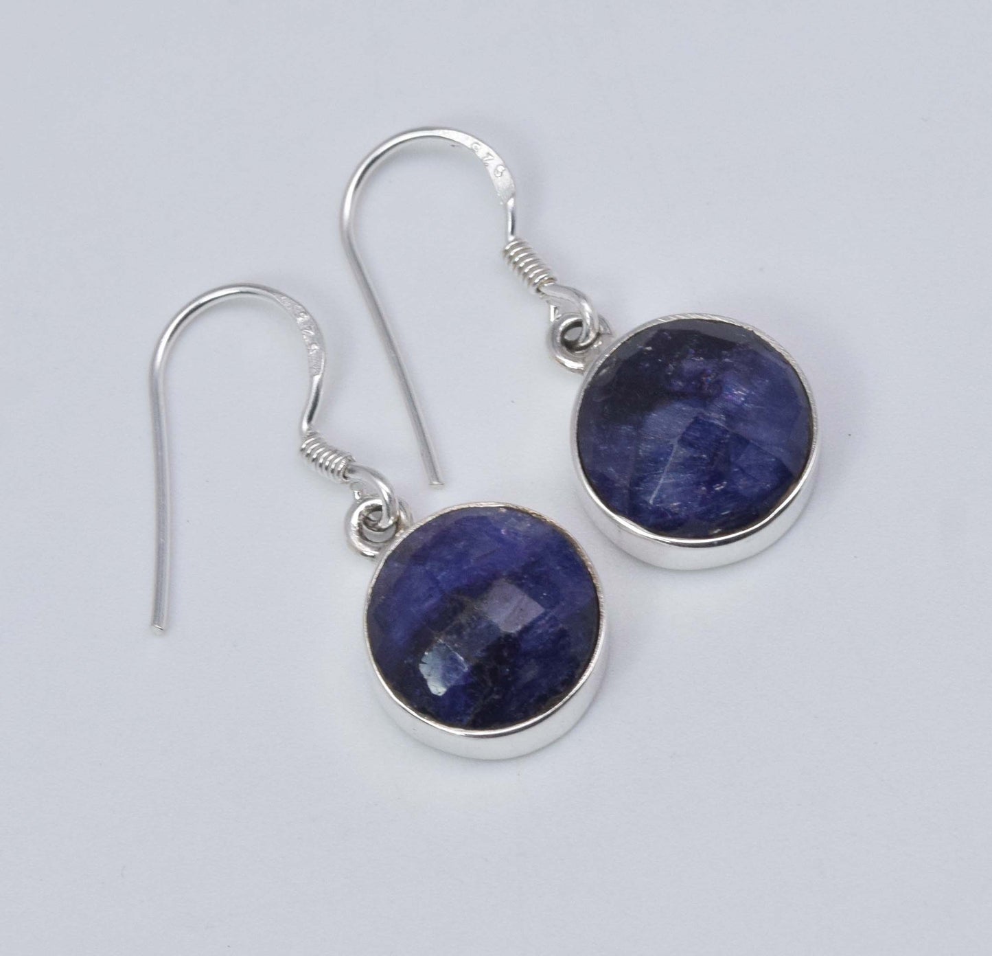 925 Solid Sterling Silver Cut Simulated Blue Sapphire Hook Earring-1 Inch