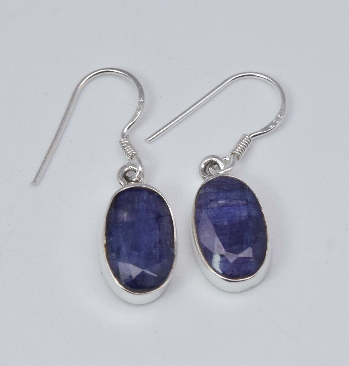 925 Solid Sterling Silver Cut Simulated Blue Sapphire Hook Earring-1.2 Inch