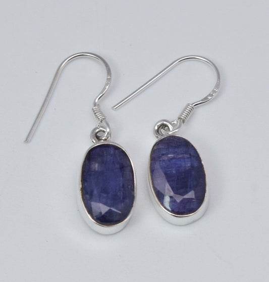 925 Solid Sterling Silver Cut Simulated Blue Sapphire Hook Earring-1.2 Inch