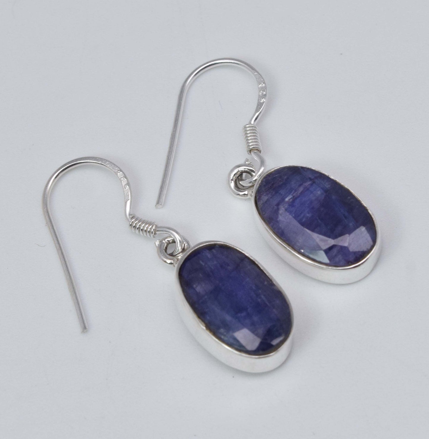 925 Solid Sterling Silver Cut Simulated Blue Sapphire Hook Earring-1.2 Inch