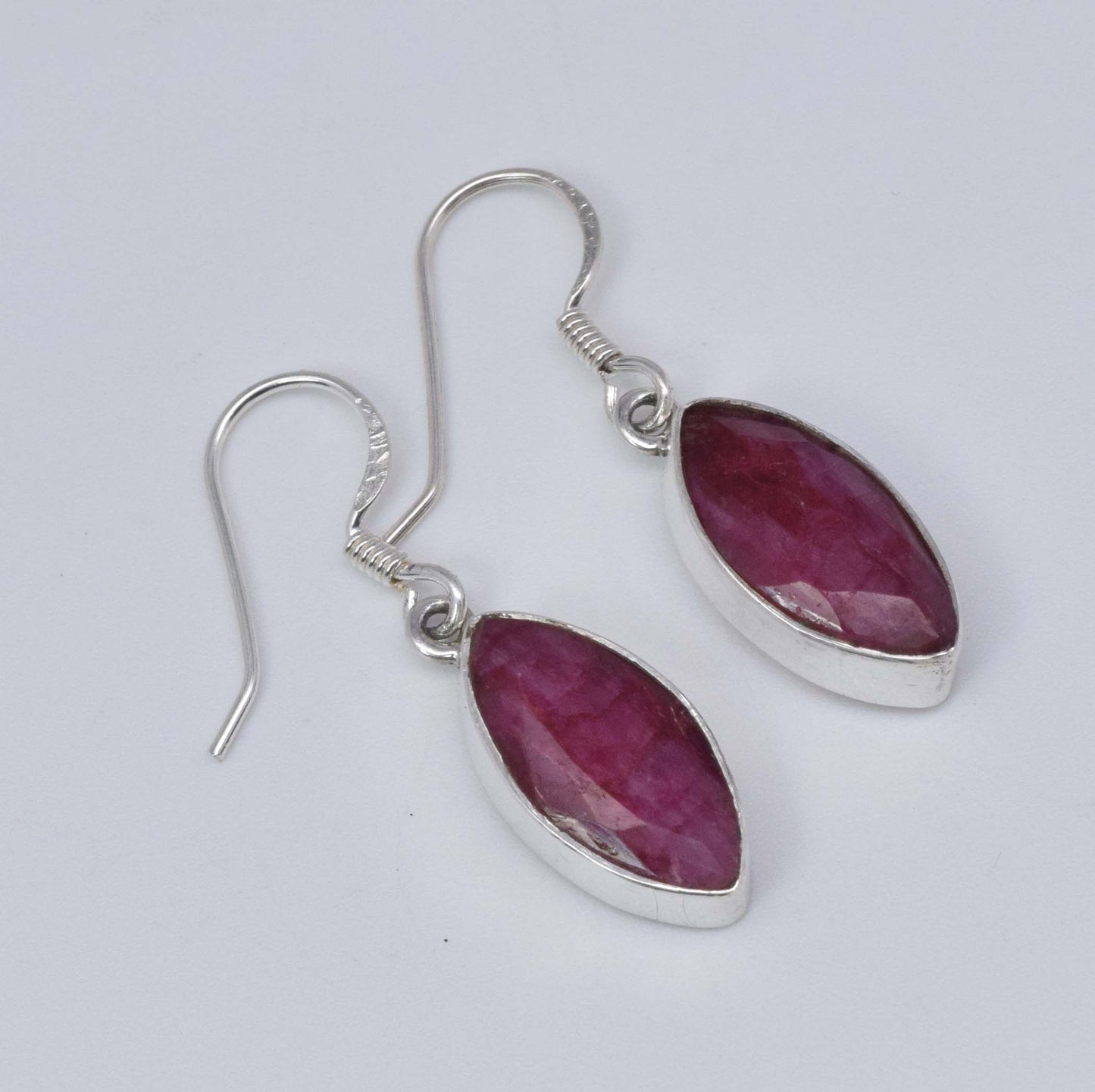 925 Solid Sterling Silver Cut Simulated Red Ruby Hook Earring-1.3 Inch