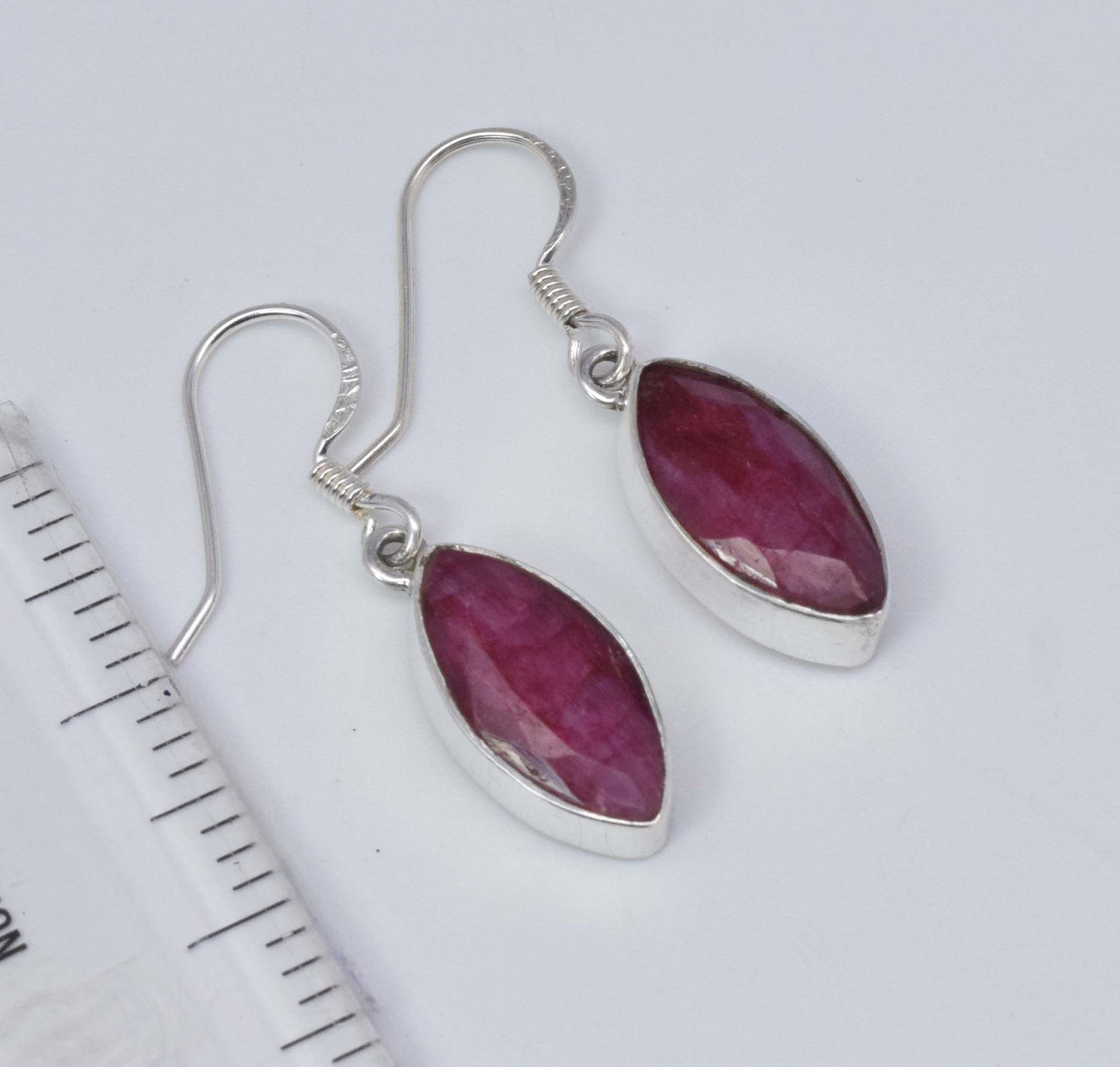 925 Solid Sterling Silver Cut Simulated Red Ruby Hook Earring-1.3 Inch